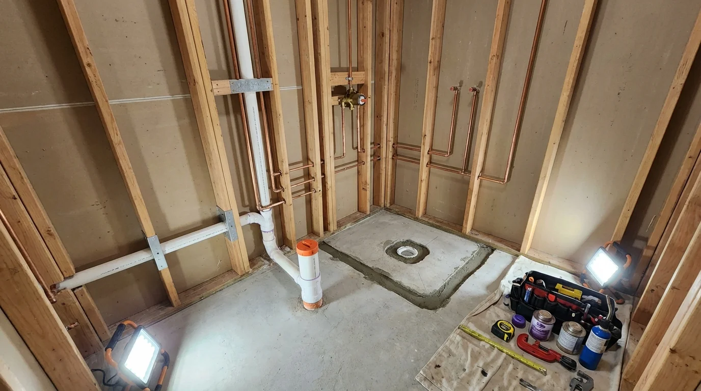 Bathroom rough-in plumbing during remodel by Johns Plumbing LLC in Gowanda