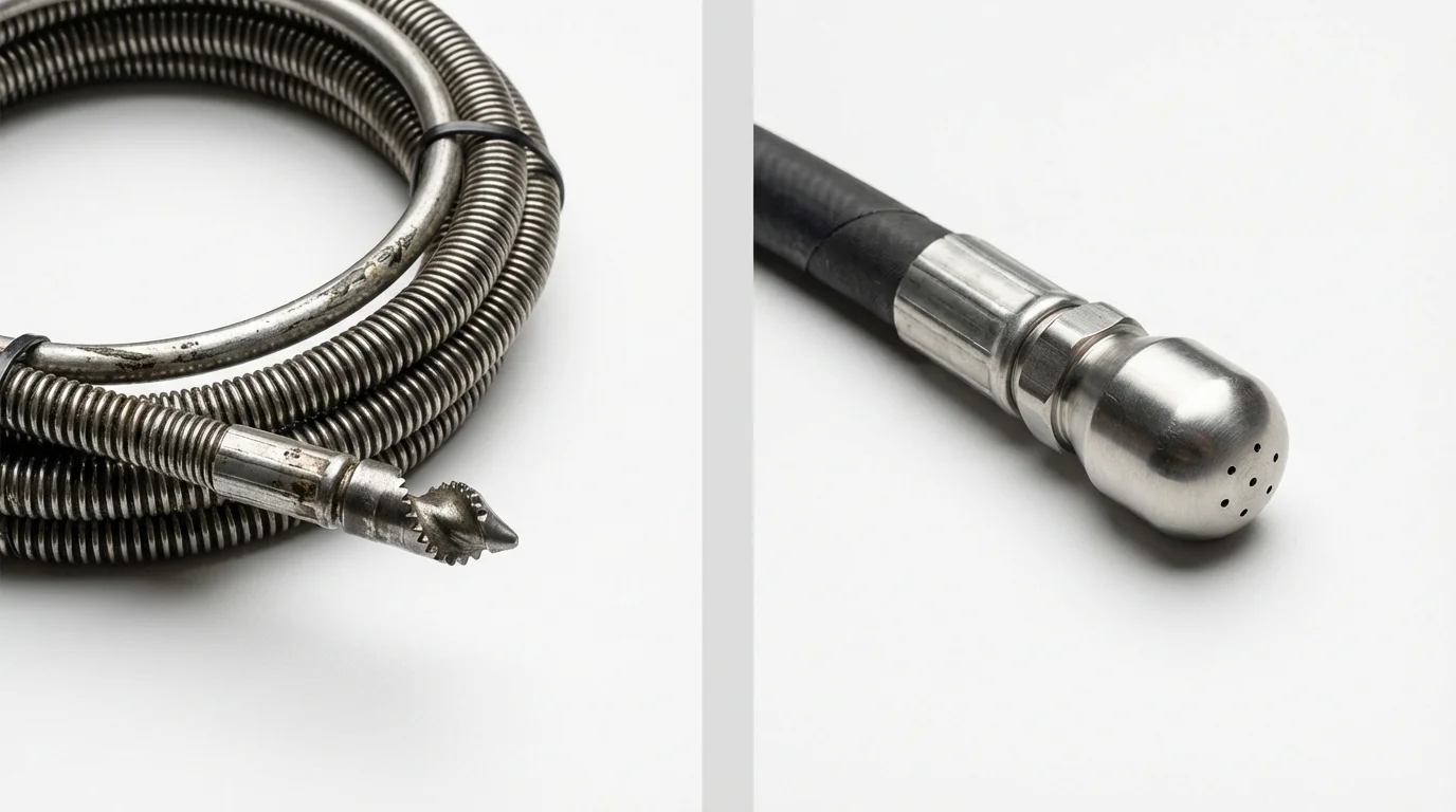 Drain snake cable and hydro jetting nozzle used for drain cleaning in Gowanda, NY