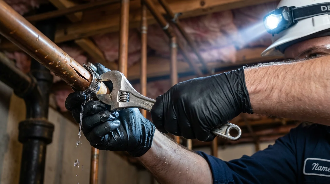 Emergency pipe clamp repair being performed by a Johns Plumbing LLC plumber in Gowanda