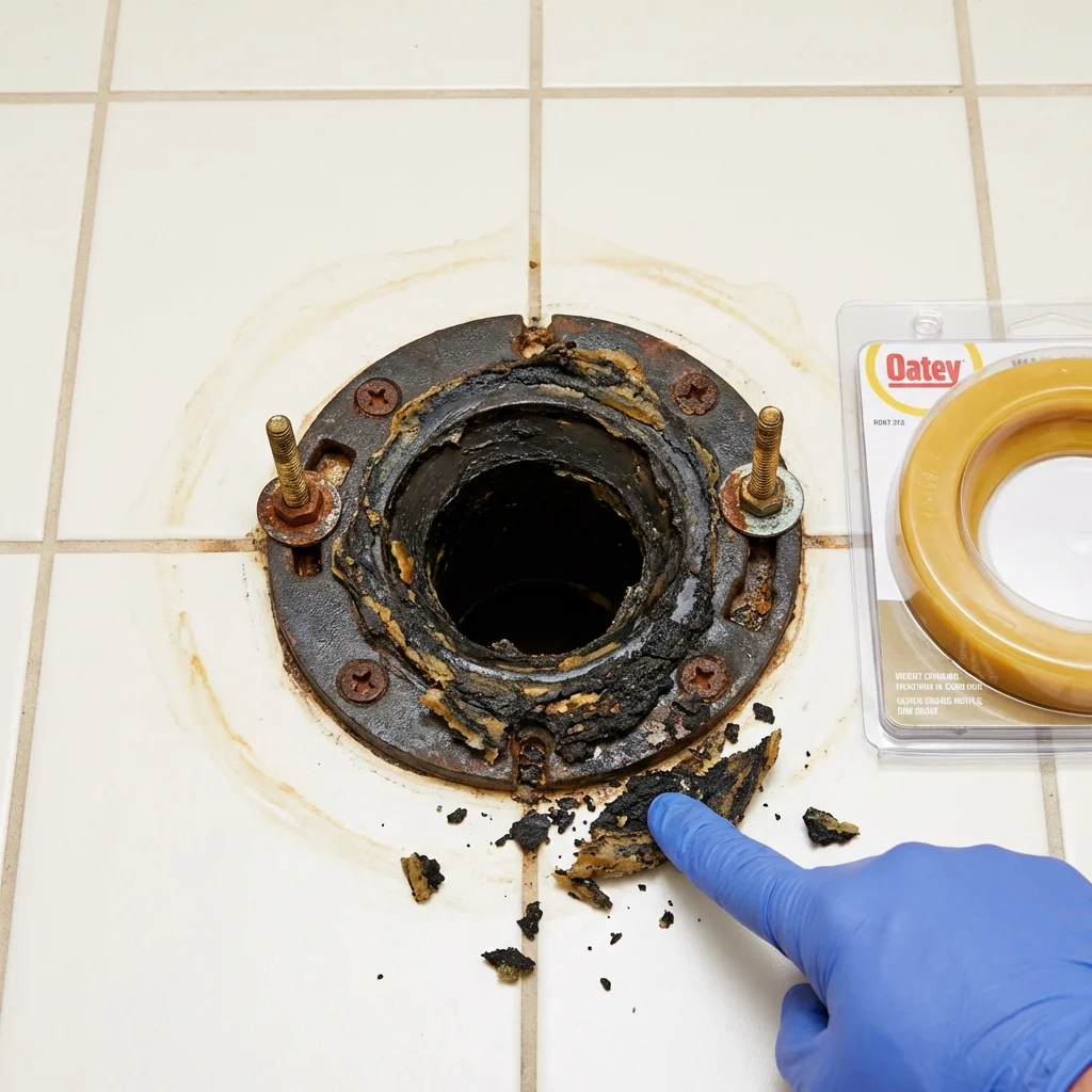 Failed wax ring showing water seepage at the base of a toilet in a Gowanda, NY home