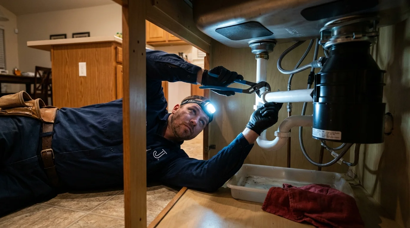 P-trap and supply line connections under a kitchen sink showing a common leak point in Gowanda, NY